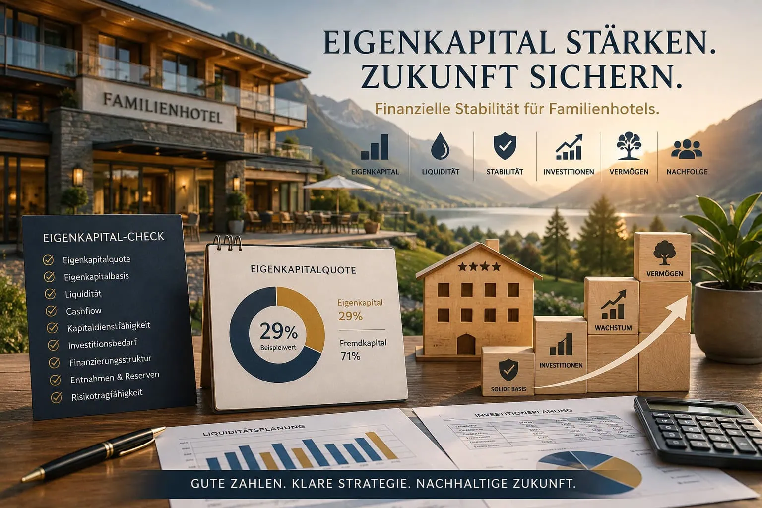 Eigenkapitalstrategie für Familienhotels mit Eigenkapitalquote, Liquidität, Investitionen und Vermögensaufbau