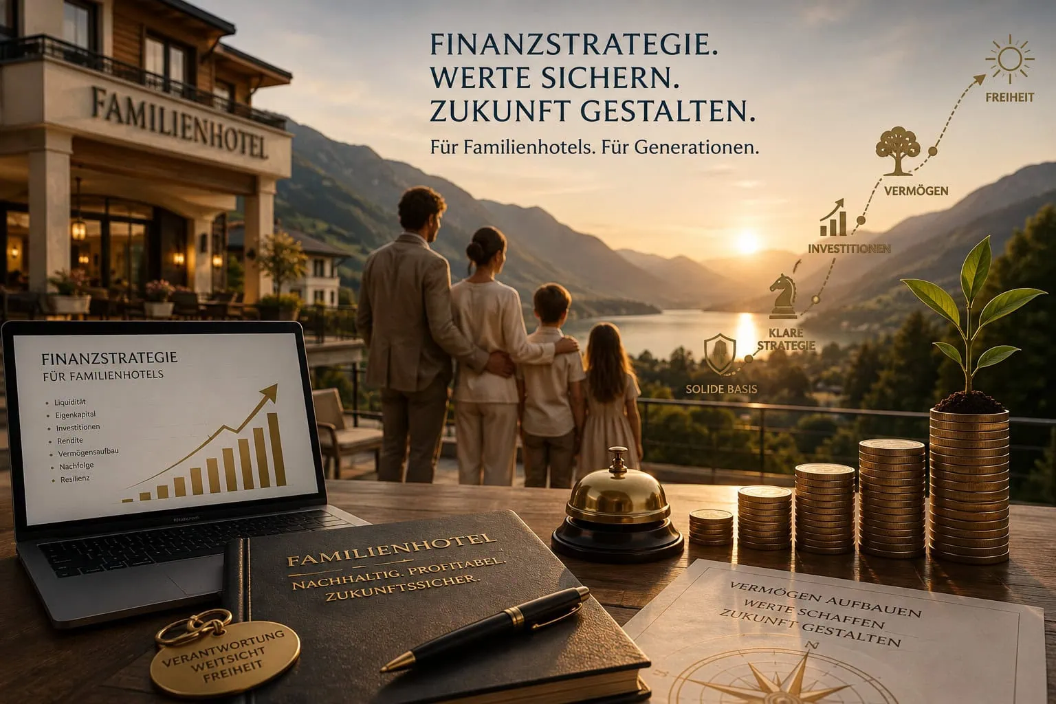 Familienhotel mit Darstellung einer langfristigen Finanzstrategie für Eigenkapital, Investitionen und Vermögensaufbau