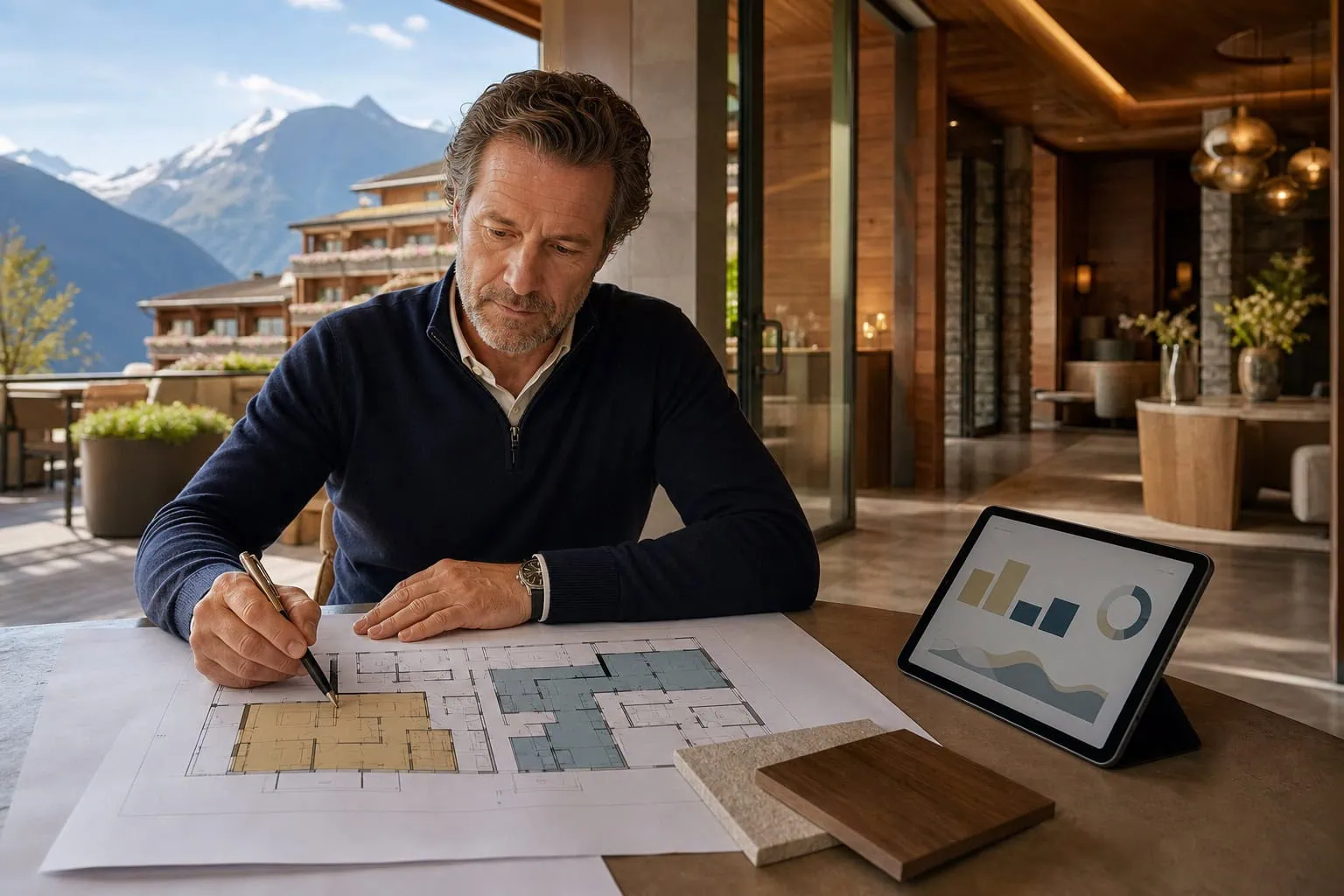 Hotelier prüft Modernisierungsplan und Finanzierungsmodell für ein Familienhotel