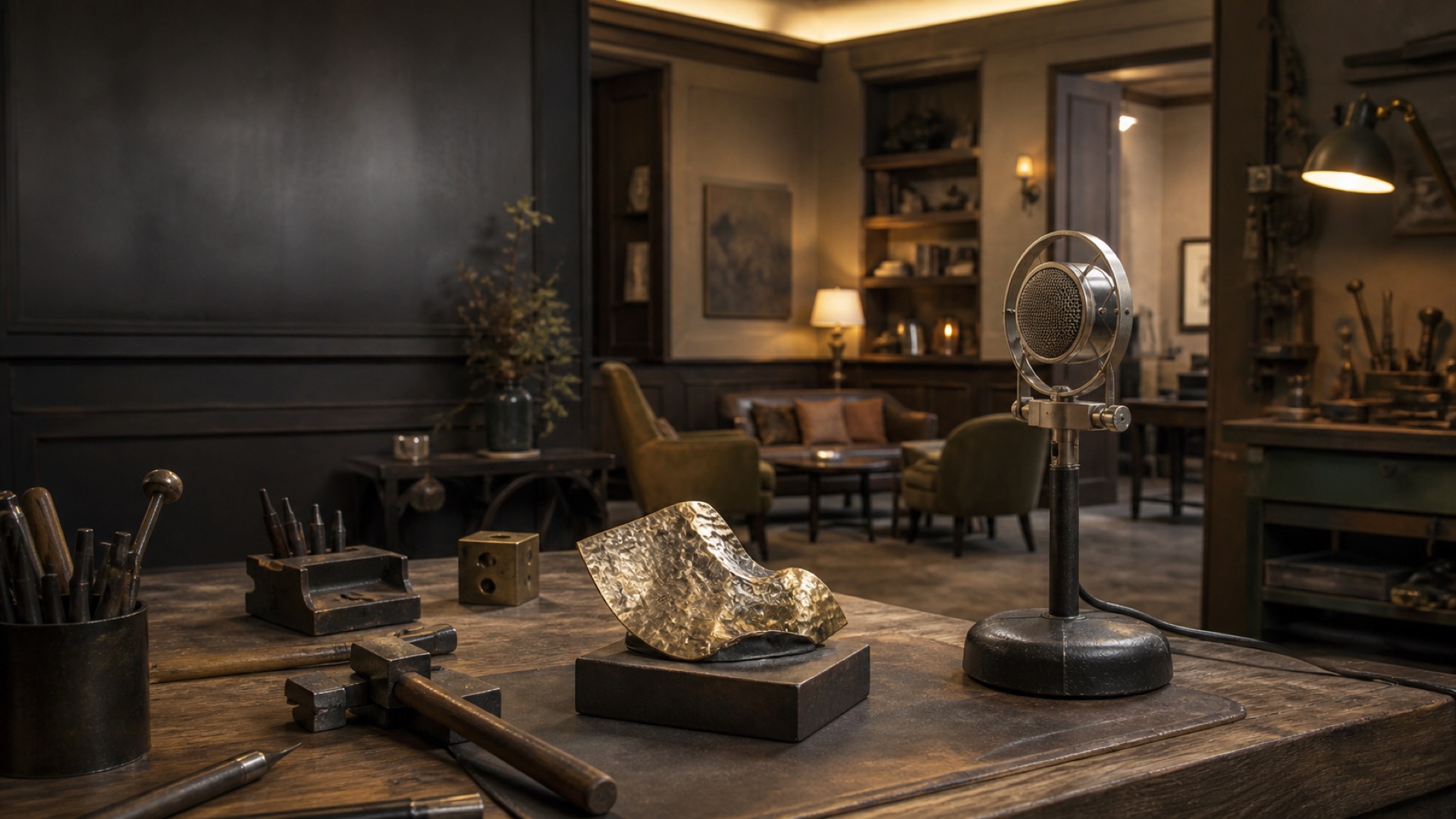 Klassisches Radio, Goldschmiedewerkzeuge und ein atmosphärischer Hotelraum als Sinnbilder für Storytelling in der Hotellerie.