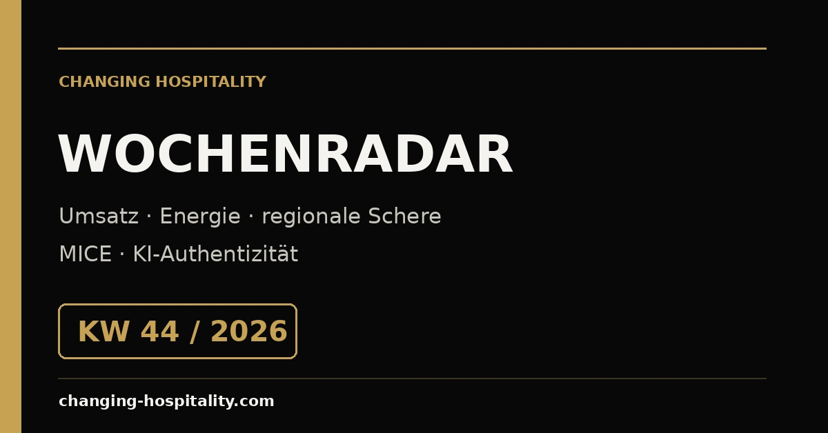 Changing Hospitality Wochenradar KW 44/2026 zu Umsatz, Energie, regionaler Schere, MICE und KI-Authentizität